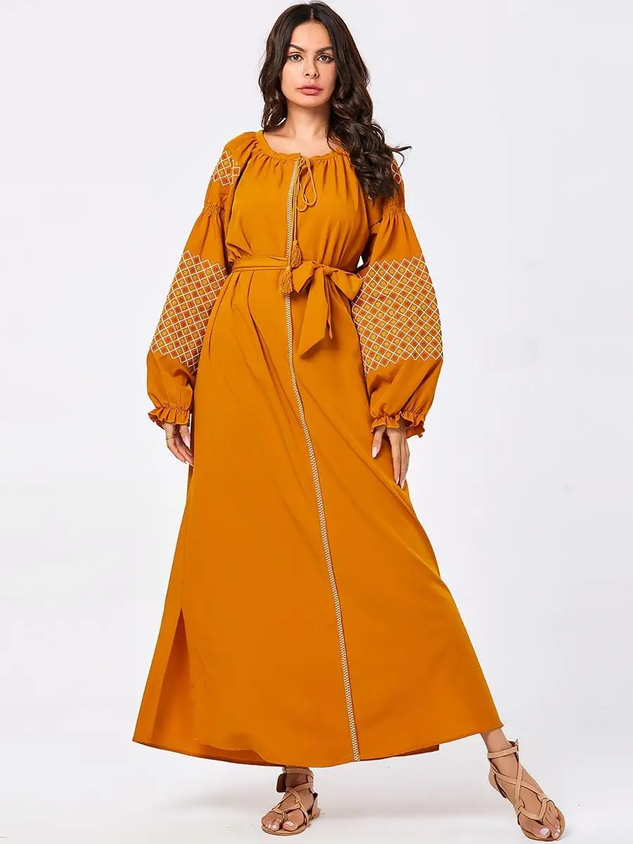 Køb online Broderi Abaya Muslimske Maxi Kjole Etniske Snøre Kaftan Vintage Arabiske Kjole Side Slids Islam Tøj Plus Size Løs Kjole / Ny <
